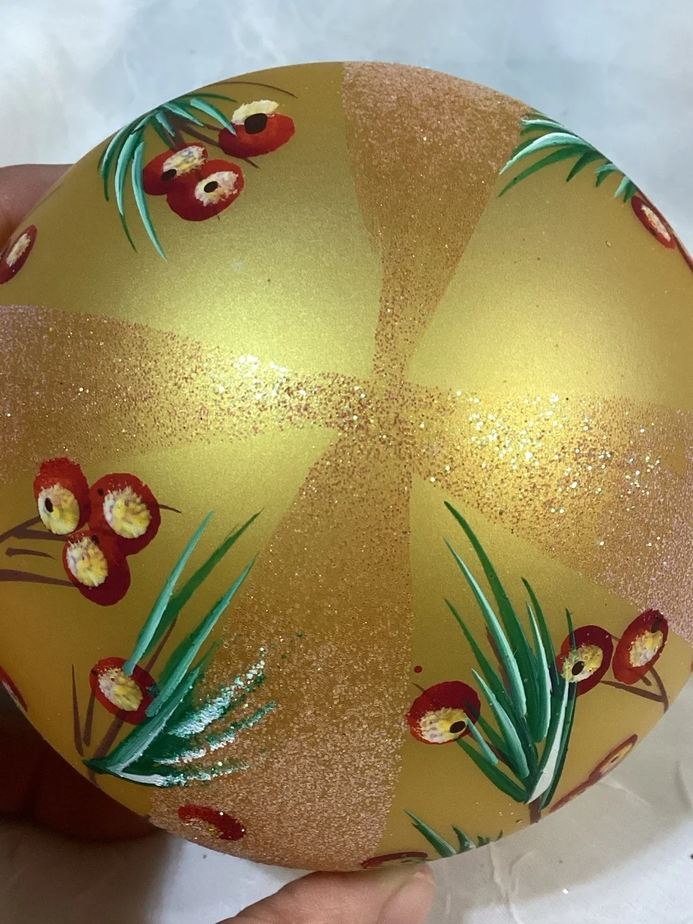 Hand-Painted Gold Glitter Holiday Pine Tree Themed Ornament Set Larger Size